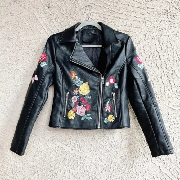 ROMEO & JULIET Floral Embroidered Faux Leather Moto Biker Jacket - Picture 1 of 9